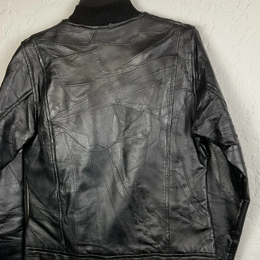 M. Collection Women’s Black Leather Patchwork Zip Up Bomber Jacket Sz Med